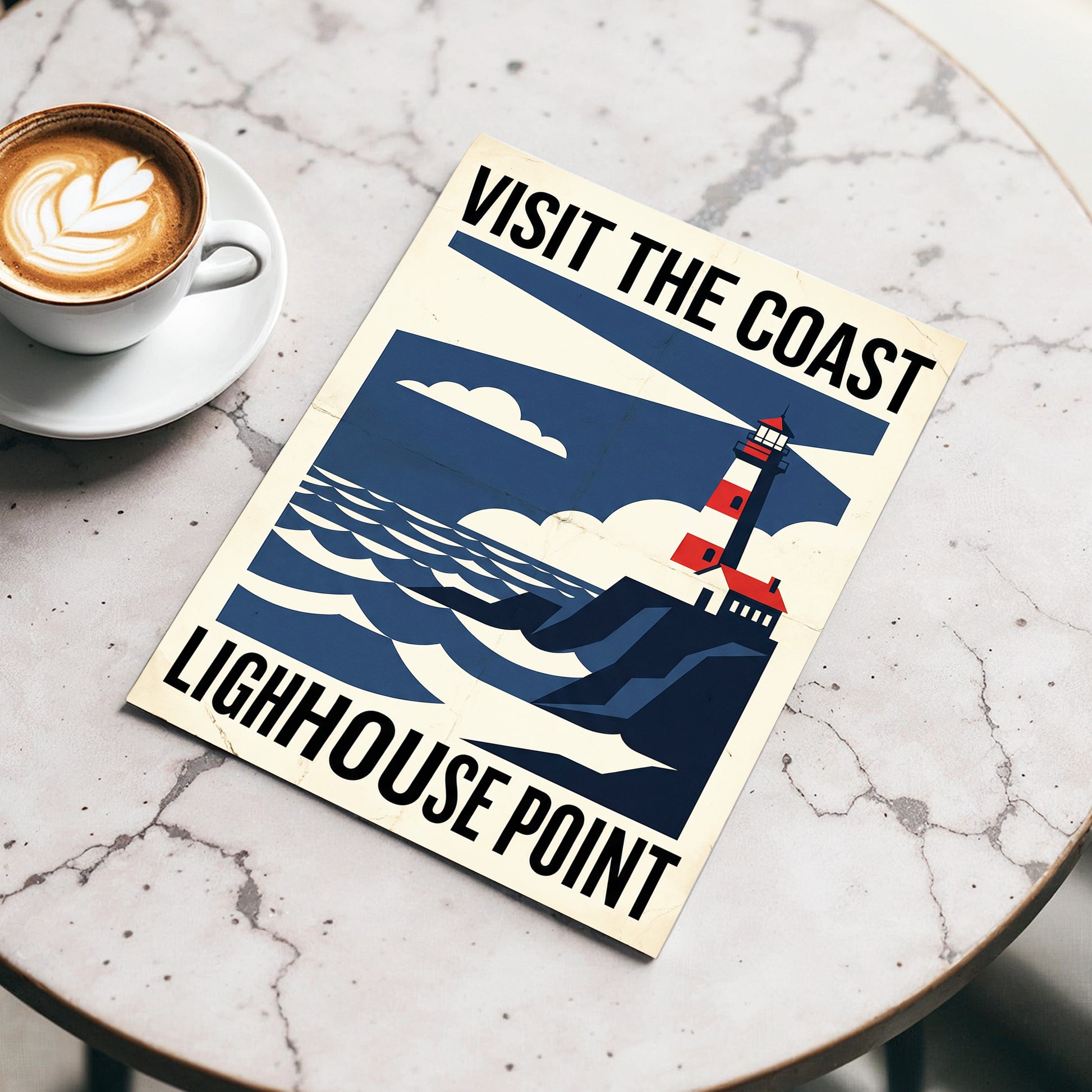 Beacon on the Blue Coast, blue, beige, red nature wall art displayed in a styled interior, gallery view 3