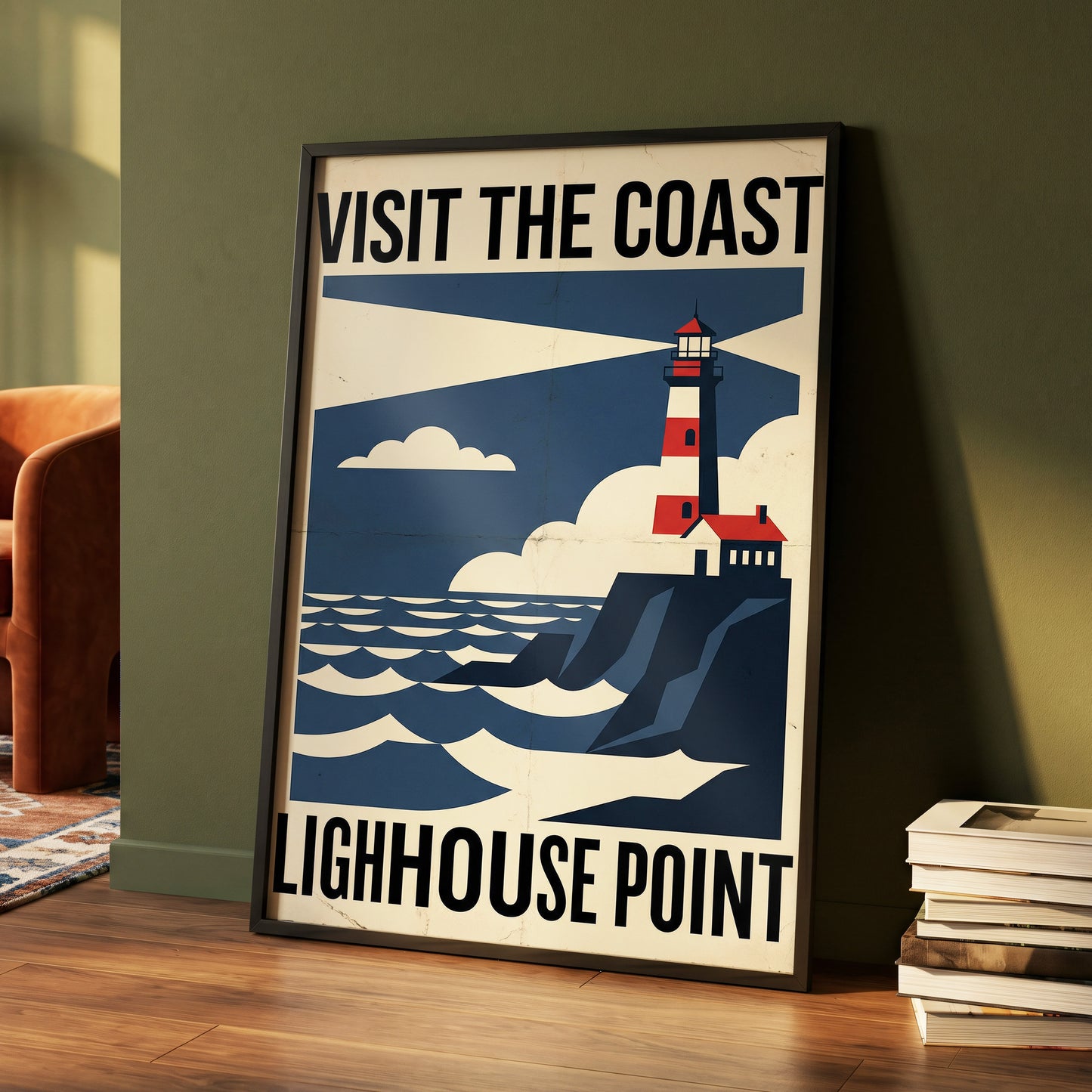 Beacon on the Blue Coast, blue, beige, red nature wall art displayed in a styled interior, gallery view 4
