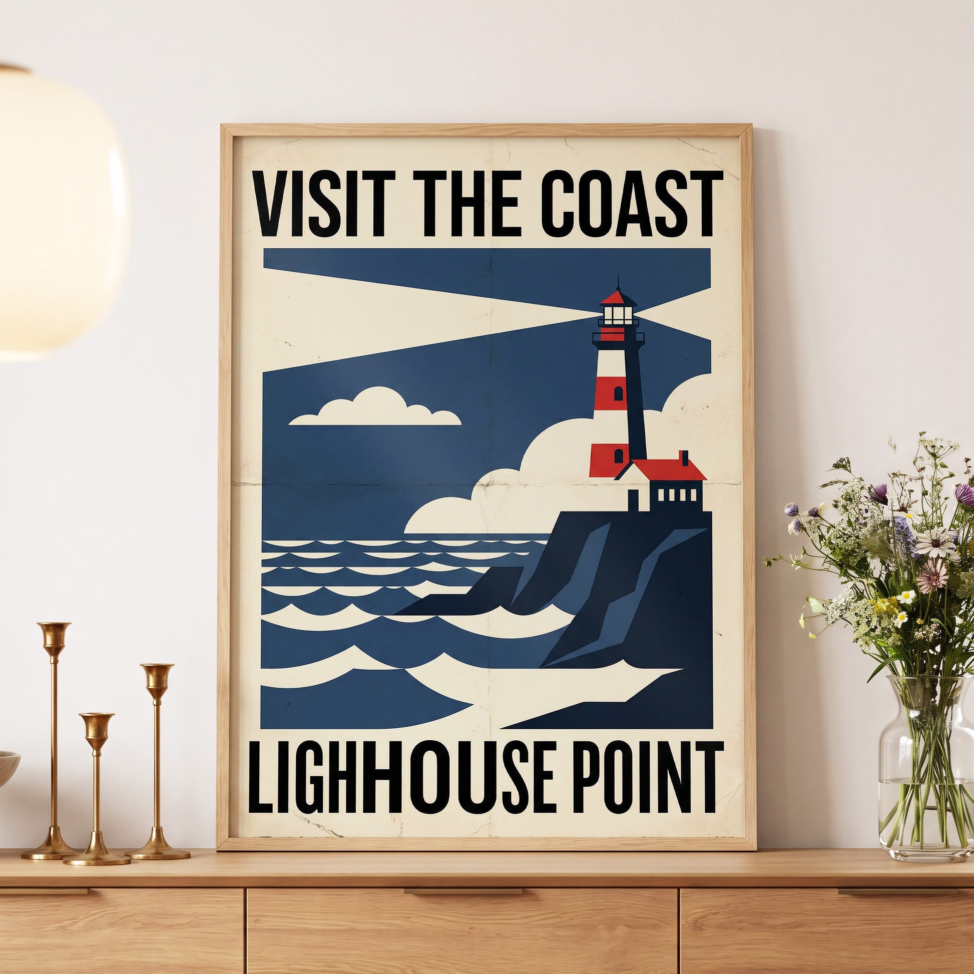 Beacon on the Blue Coast, blue, beige, red nature wall art displayed in a styled interior, gallery view 5