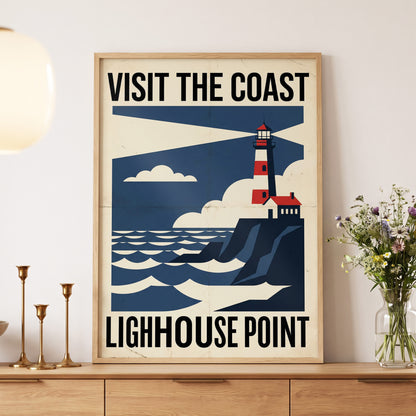 Beacon on the Blue Coast, blue, beige, red nature wall art displayed in a styled interior, gallery view 5