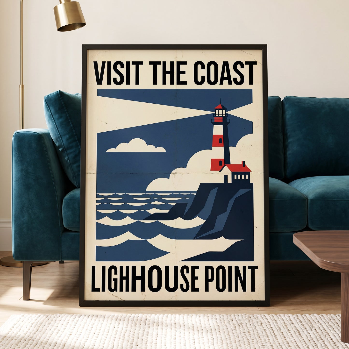 Beacon on the Blue Coast, blue, beige, red nature wall art displayed in a styled interior, gallery view 6