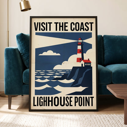 Beacon on the Blue Coast, blue, beige, red nature wall art displayed in a styled interior, gallery view 6