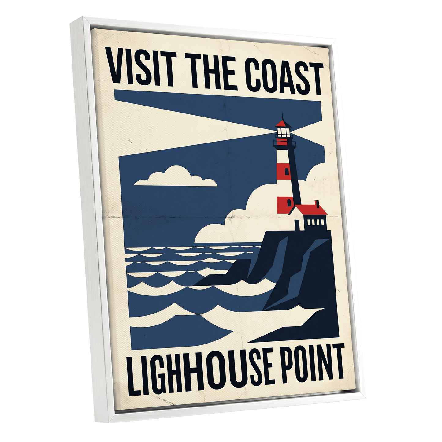 Beacon on the Blue Coast, blue, beige, red nature wall art shown as a white framed canvas wall art