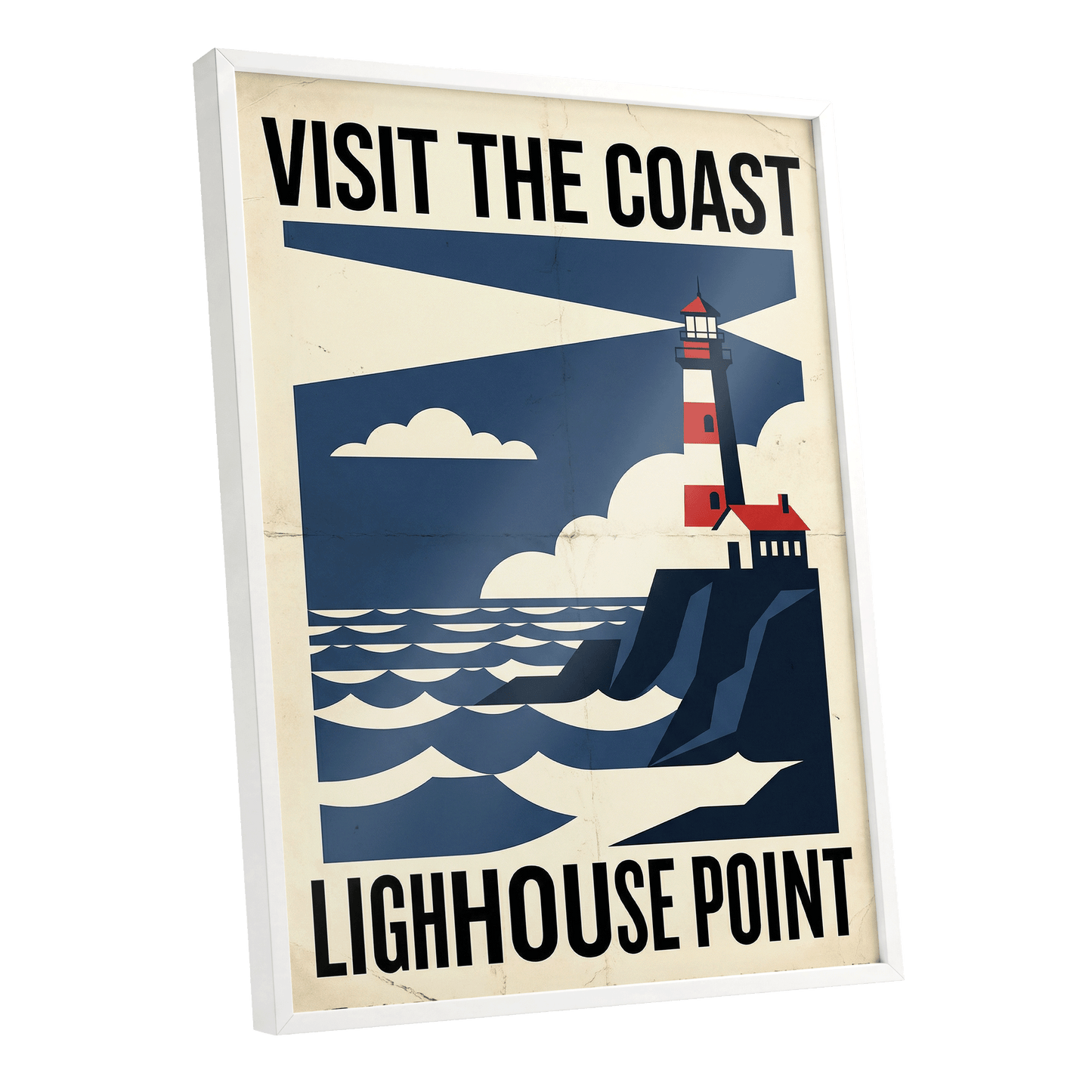 Beacon on the Blue Coast, blue, beige, red nature wall art shown as a white framed poster wall art print