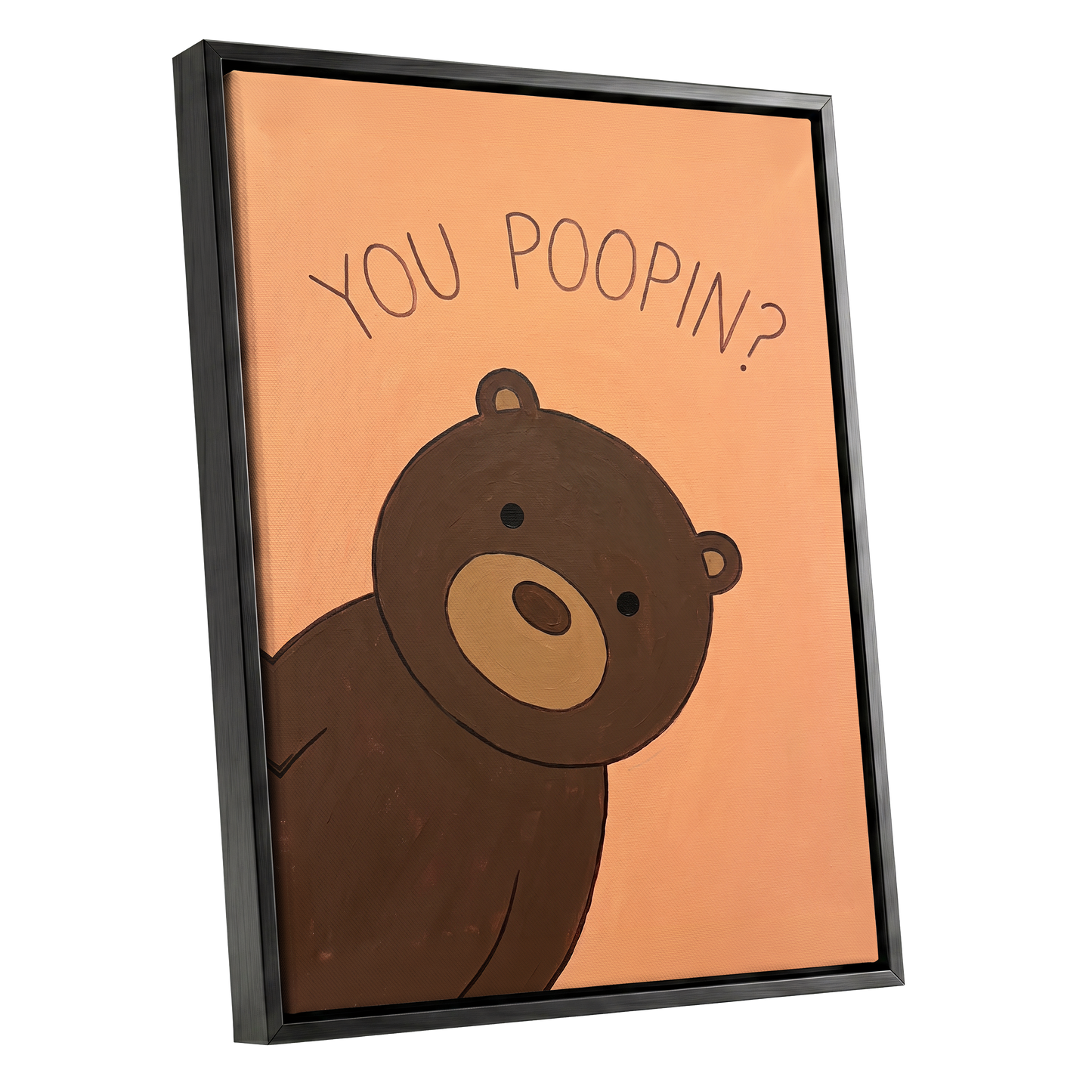 Bearly Private, orange, brown, beige nature wall art shown as a black framed canvas wall art