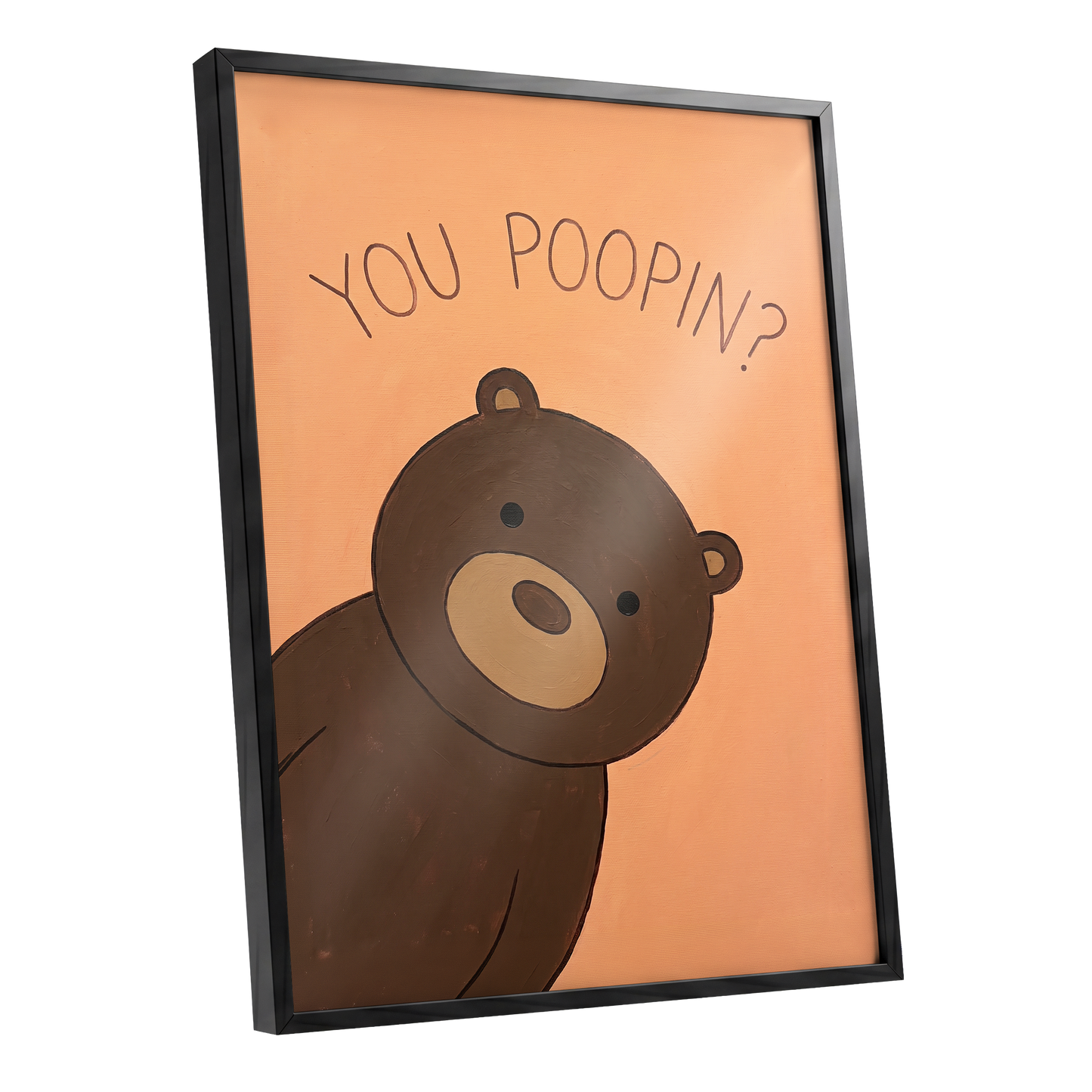 Bearly Private, orange, brown, beige nature wall art shown as a black framed poster wall art print