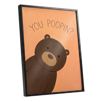 Bearly Private, orange, brown, beige nature wall art shown as a black framed poster wall art print