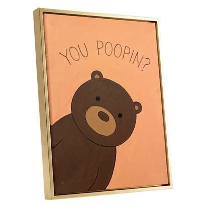 Bearly Private, orange, brown, beige nature wall art shown as a gold framed canvas wall art