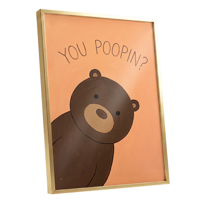 Bearly Private, orange, brown, beige nature wall art shown as a gold framed poster wall art print