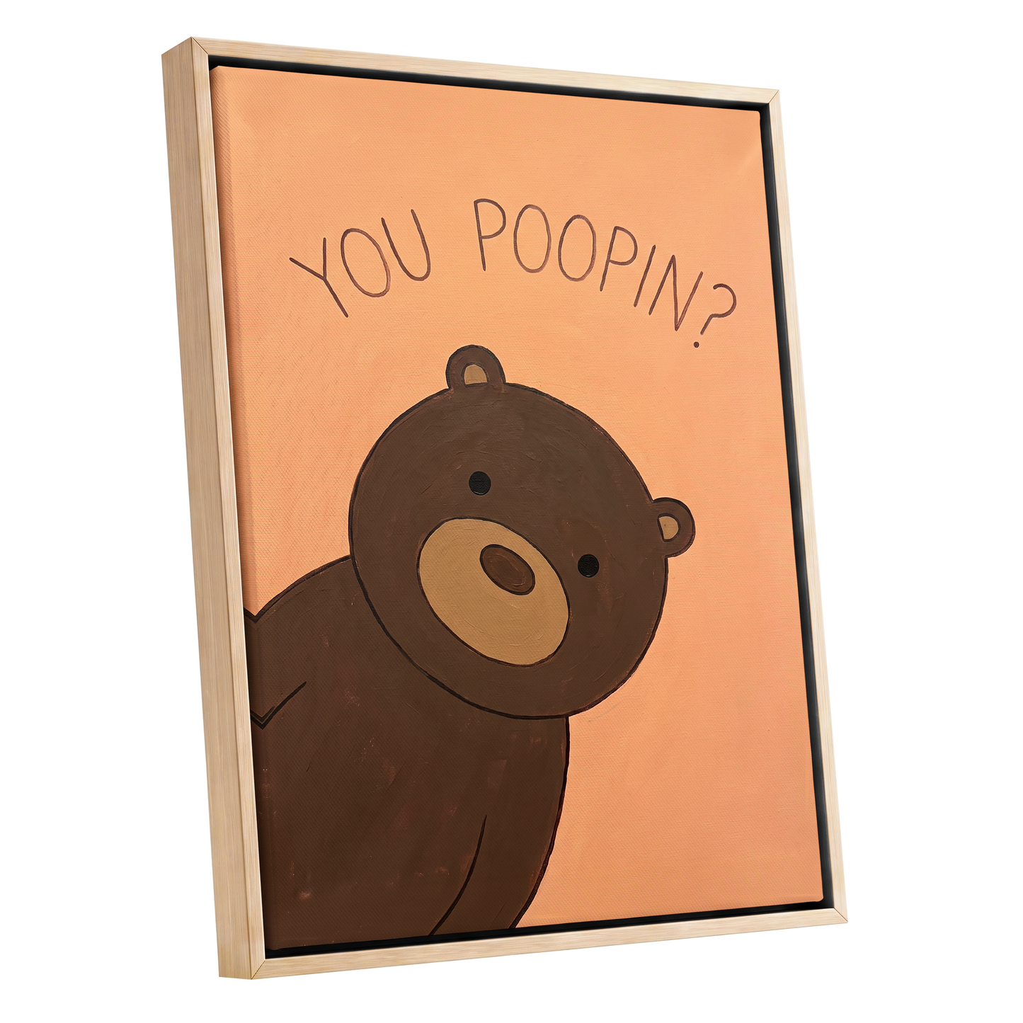 Bearly Private, orange, brown, beige nature wall art shown as a oak framed canvas wall art