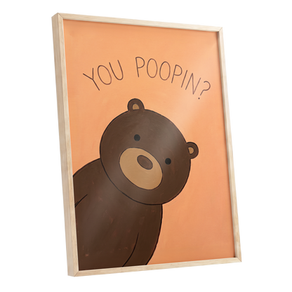 Bearly Private, orange, brown, beige nature wall art shown as a oak framed poster wall art print