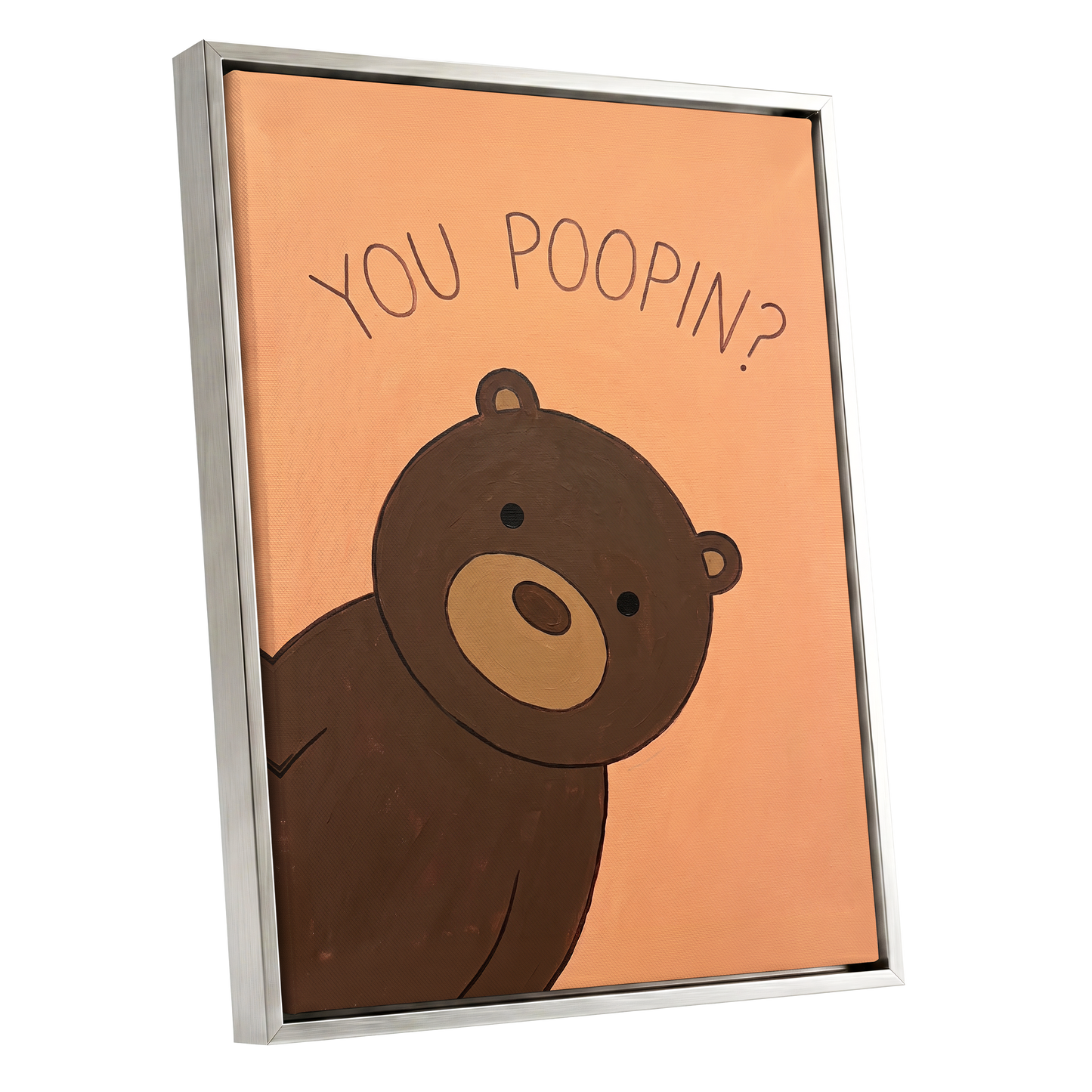 Bearly Private, orange, brown, beige nature wall art shown as a silver framed canvas wall art