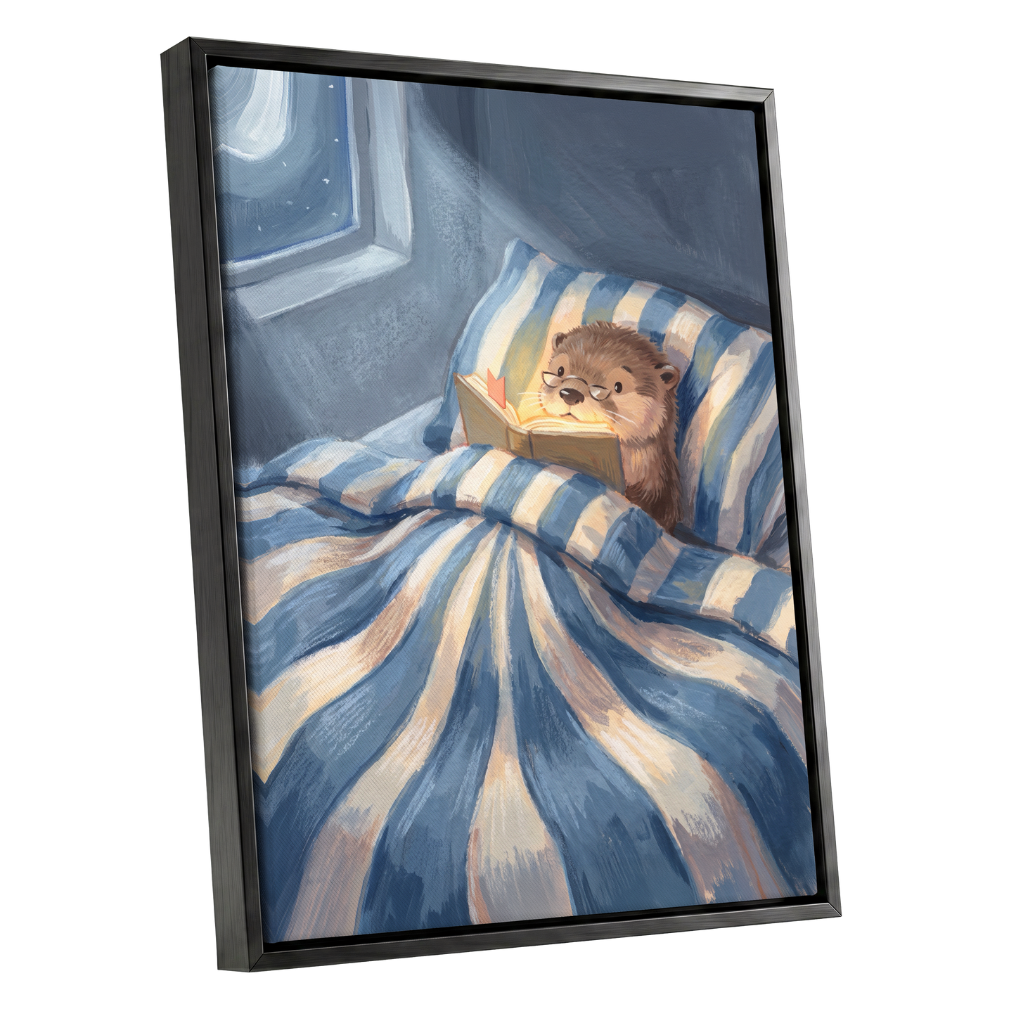 Bedtime for Bookish Otter, blue, beige, brown nature wall art shown as a black framed canvas wall art
