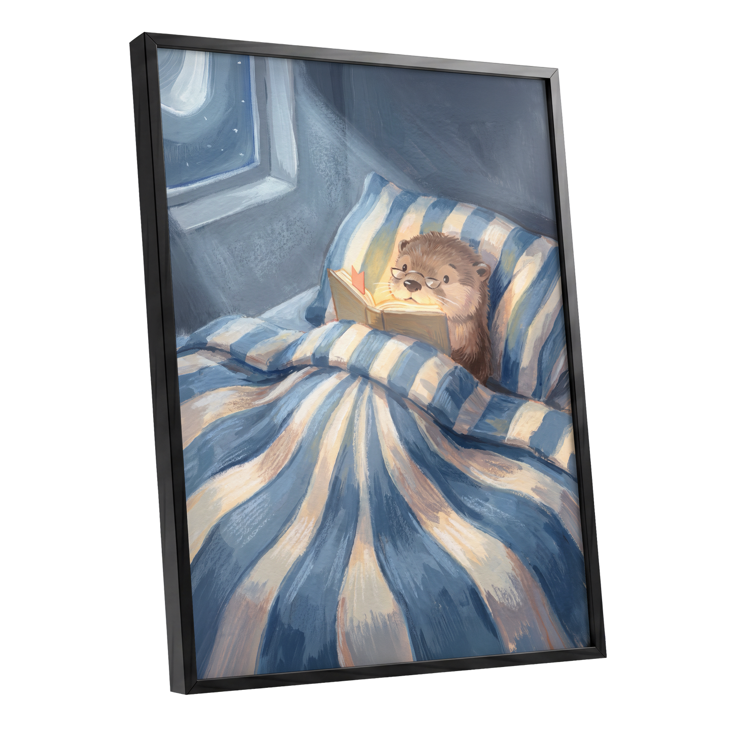Bedtime for Bookish Otter, blue, beige, brown nature wall art shown as a black framed poster wall art print