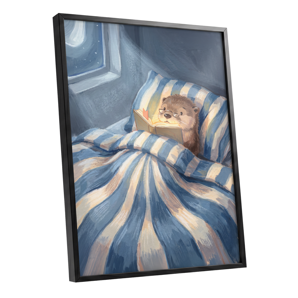 Bedtime for Bookish Otter, blue, beige, brown nature wall art shown as a black framed poster wall art print