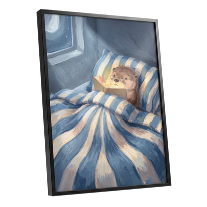 Bedtime for Bookish Otter, blue, beige, brown nature wall art shown as a black framed poster wall art print