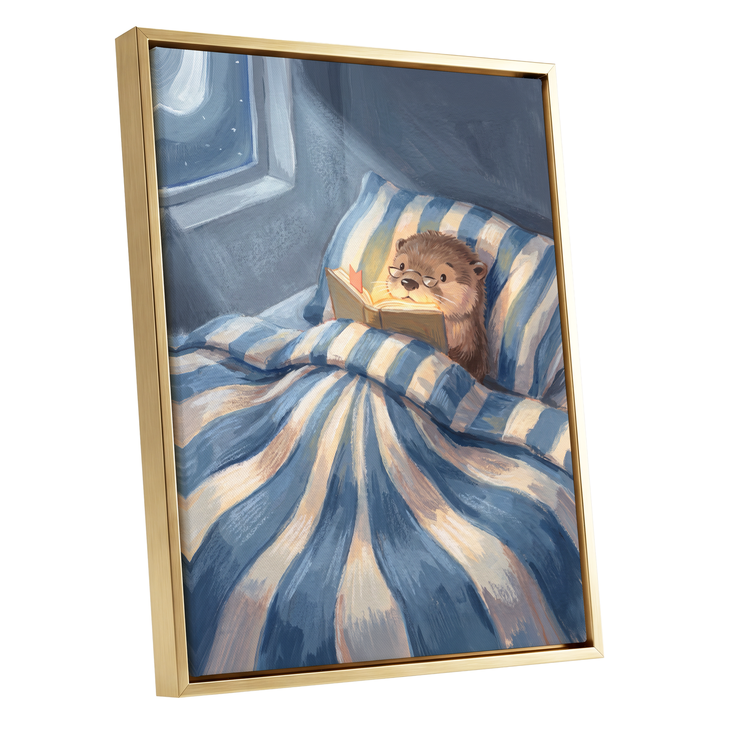 Bedtime for Bookish Otter, blue, beige, brown nature wall art shown as a gold framed canvas wall art