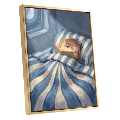 Bedtime for Bookish Otter, blue, beige, brown nature wall art shown as a gold framed canvas wall art