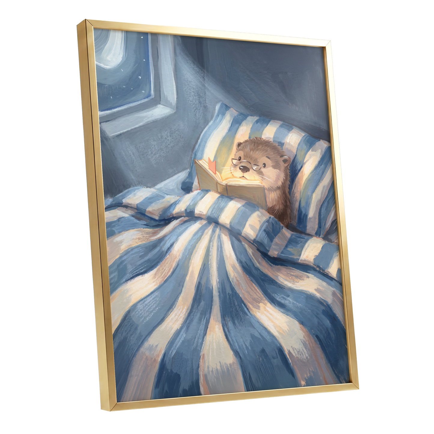 Bedtime for Bookish Otter, blue, beige, brown nature wall art shown as a gold framed poster wall art print