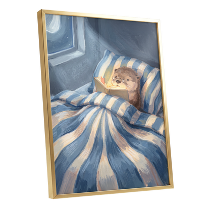 Bedtime for Bookish Otter, blue, beige, brown nature wall art shown as a gold framed poster wall art print