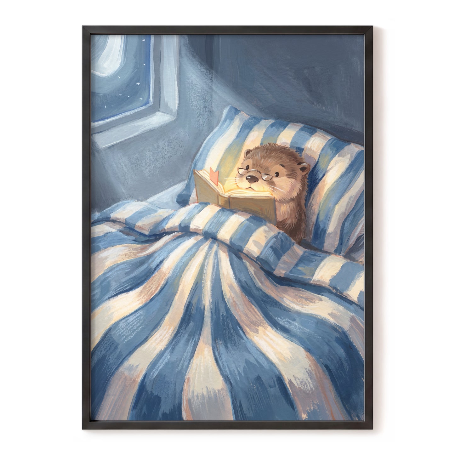 Bedtime for Bookish Otter, blue, beige, brown nature wall art, front artwork view