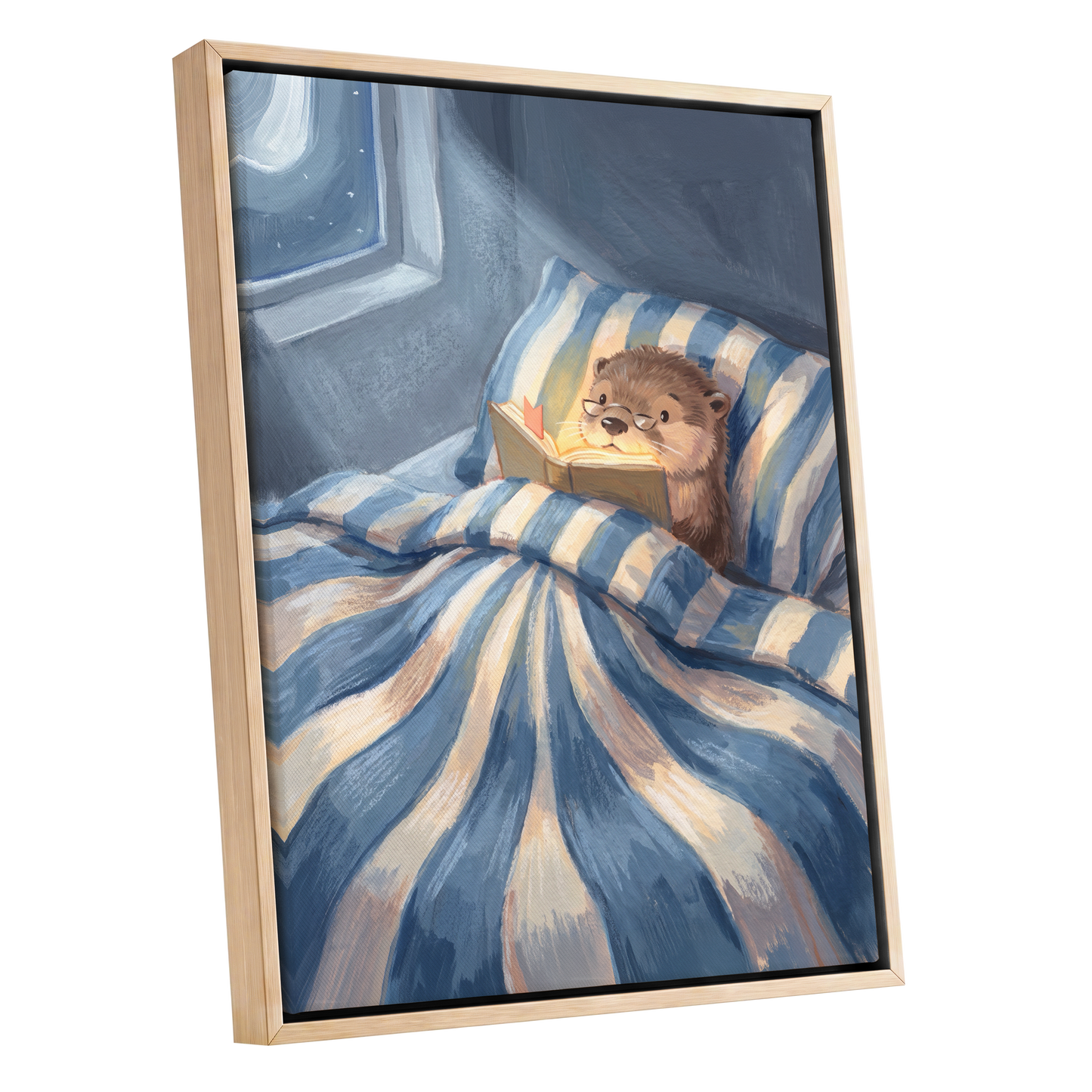 Bedtime for Bookish Otter, blue, beige, brown nature wall art shown as a oak framed canvas wall art
