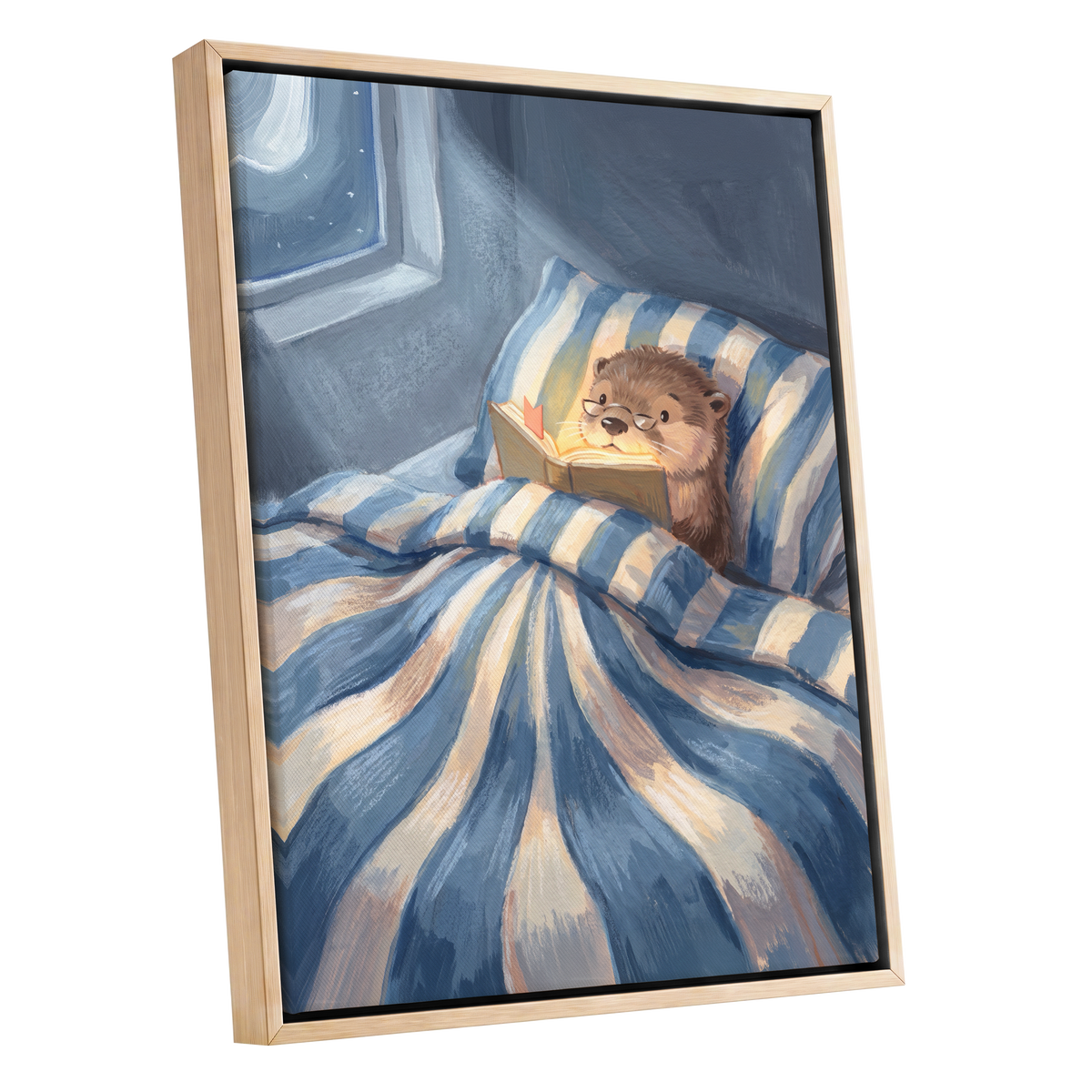 Bedtime for Bookish Otter, blue, beige, brown nature wall art shown as a oak framed canvas wall art