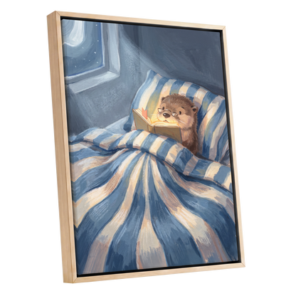 Bedtime for Bookish Otter, blue, beige, brown nature wall art shown as a oak framed canvas wall art