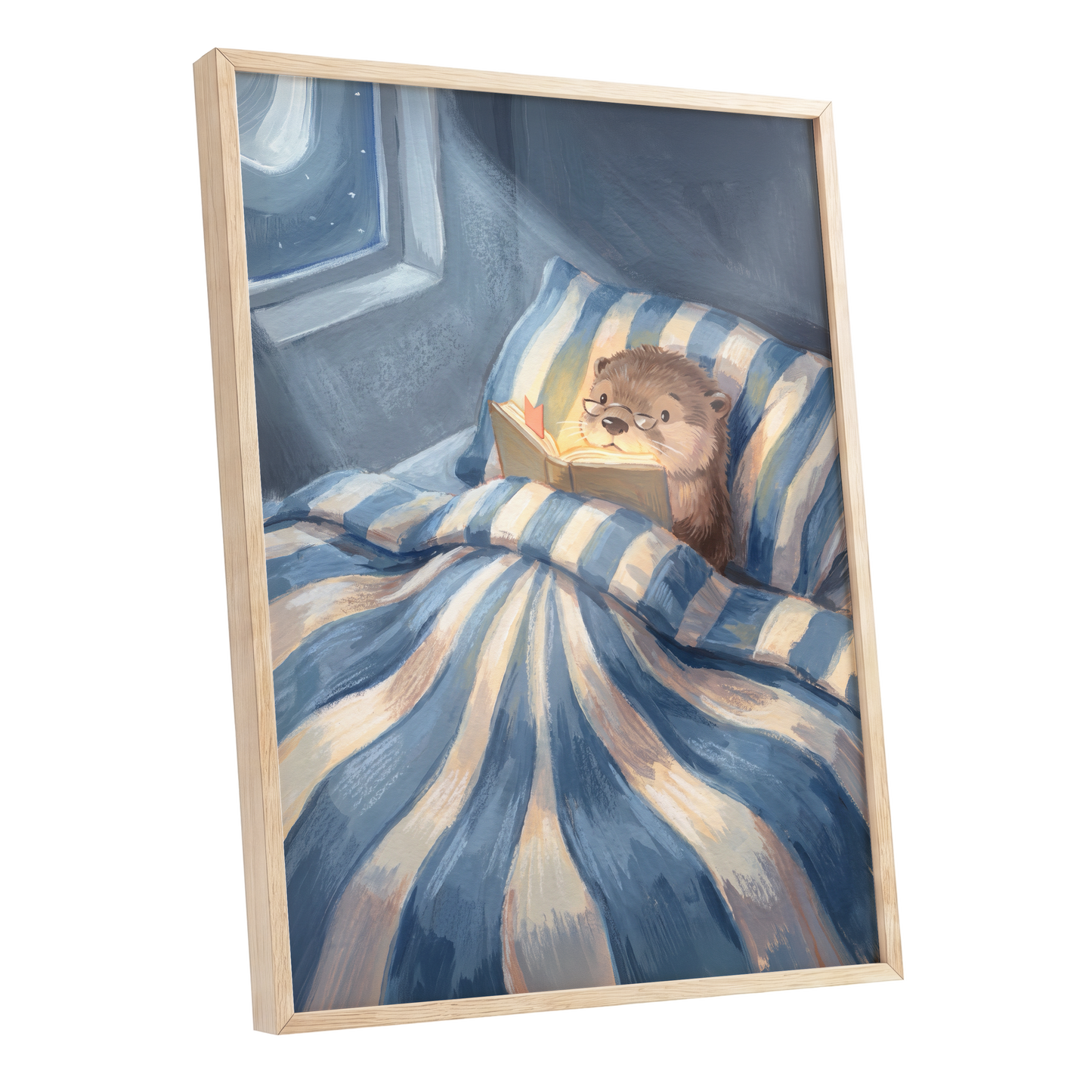 Bedtime for Bookish Otter, blue, beige, brown nature wall art shown as a oak framed poster wall art print