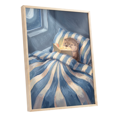 Bedtime for Bookish Otter, blue, beige, brown nature wall art shown as a oak framed poster wall art print