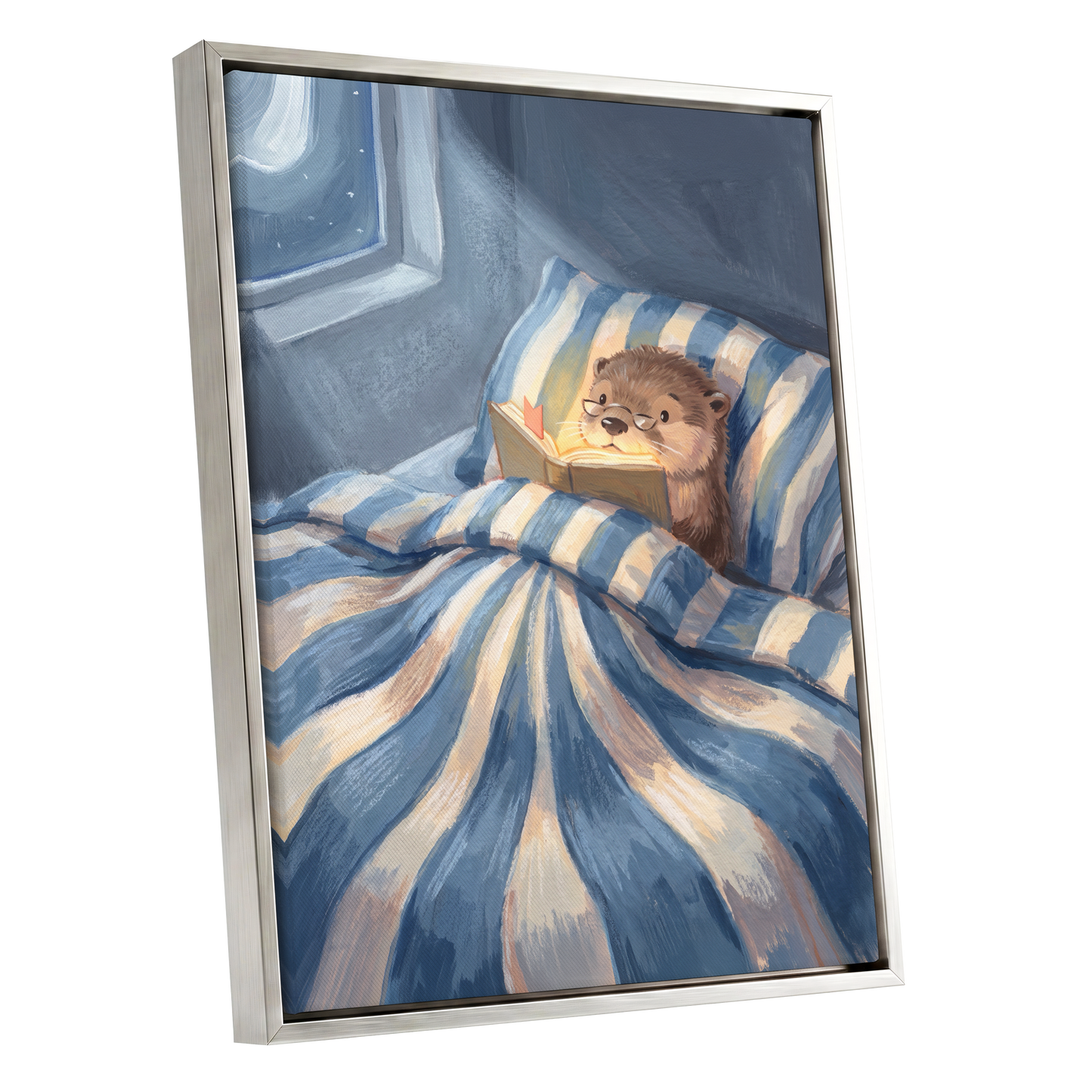 Bedtime for Bookish Otter, blue, beige, brown nature wall art shown as a silver framed canvas wall art