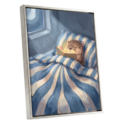 Bedtime for Bookish Otter, blue, beige, brown nature wall art shown as a silver framed canvas wall art