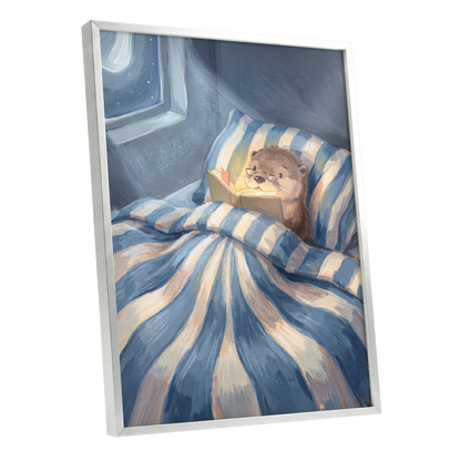 Bedtime for Bookish Otter, blue, beige, brown nature wall art shown as a silver framed poster wall art print
