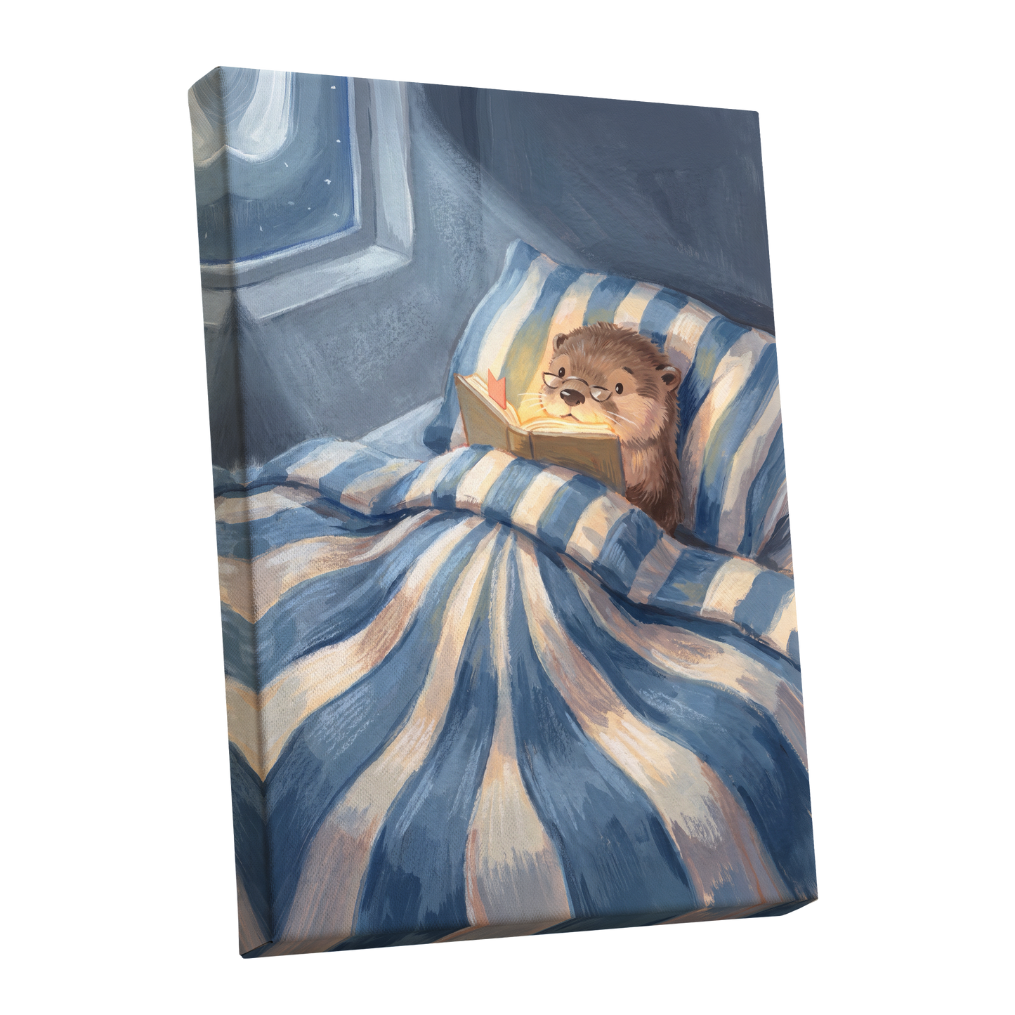Bedtime for Bookish Otter, blue, beige, brown nature wall art shown as a stretched canvas wall art