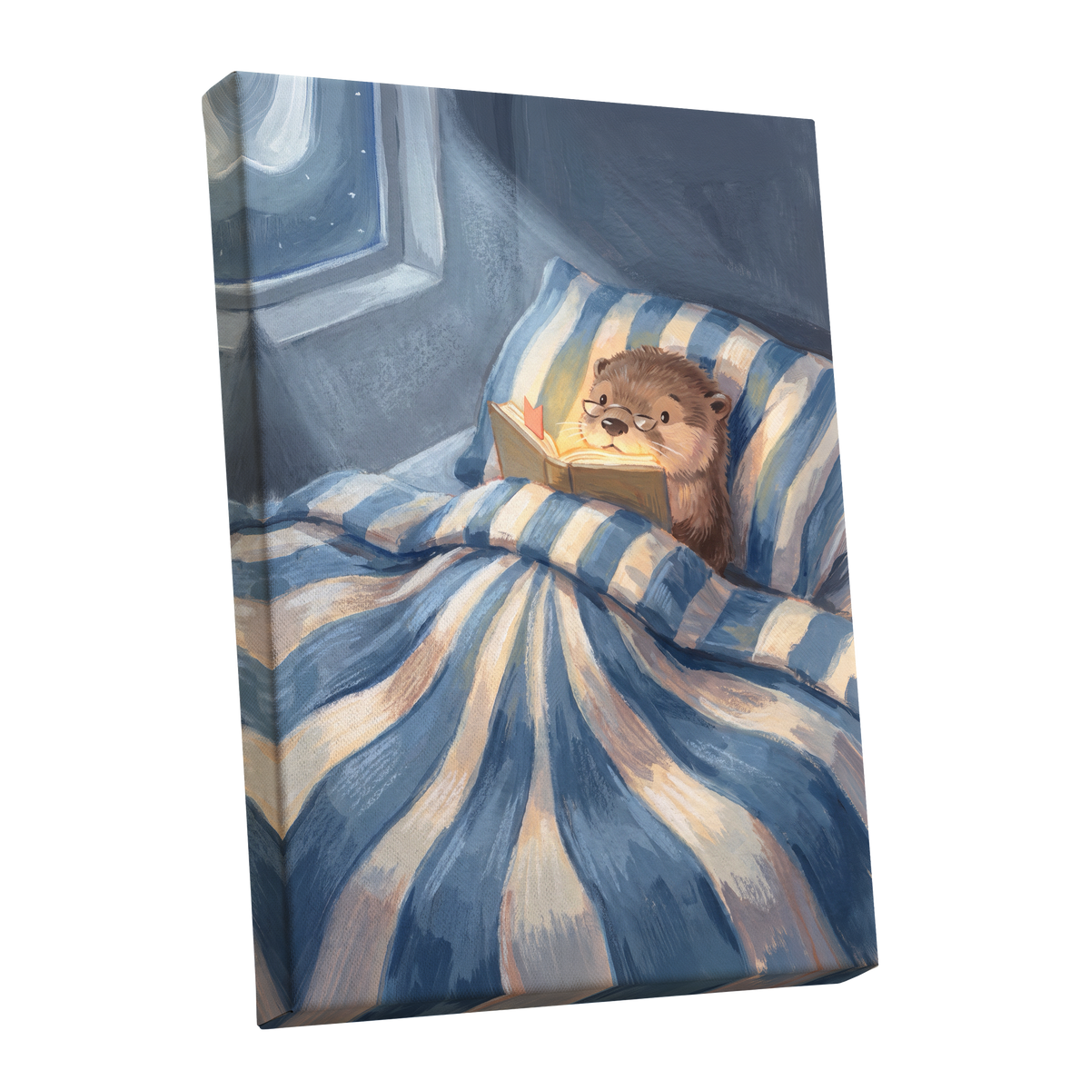 Bedtime for Bookish Otter, blue, beige, brown nature wall art shown as a stretched canvas wall art
