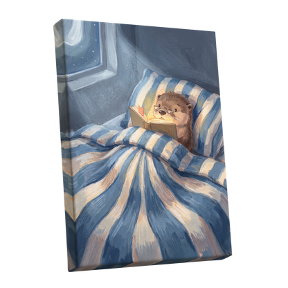 Bedtime for Bookish Otter, blue, beige, brown nature wall art shown as a stretched canvas wall art
