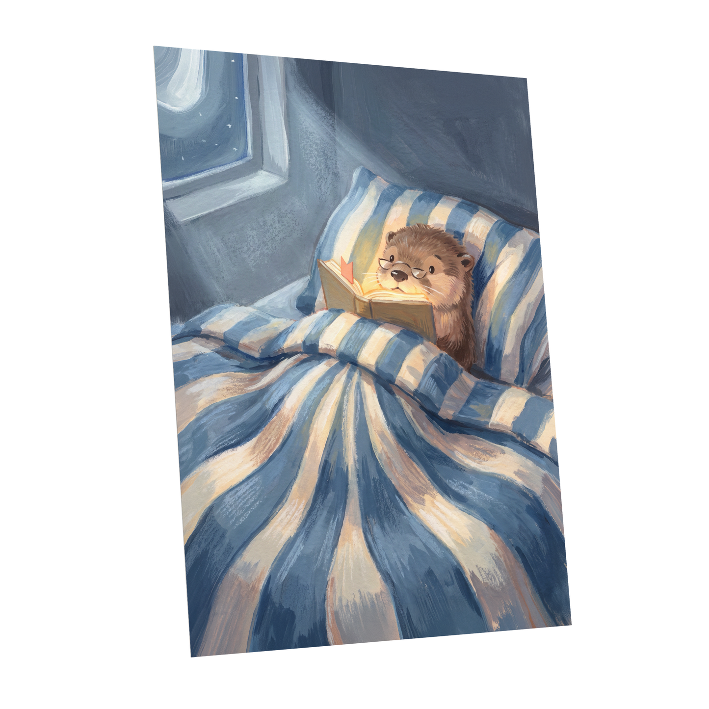 Bedtime for Bookish Otter, blue, beige, brown nature wall art shown as a unframed poster wall art print