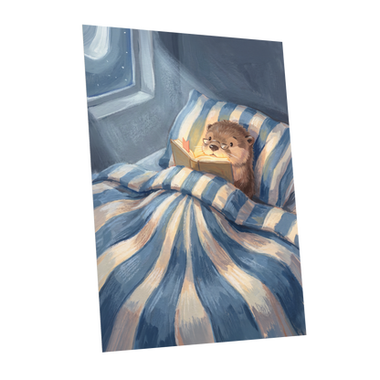 Bedtime for Bookish Otter, blue, beige, brown nature wall art shown as a unframed poster wall art print