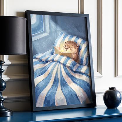 Bedtime for Bookish Otter, blue, beige, brown nature wall art displayed in a styled interior, gallery view 2