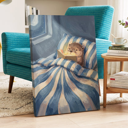 Bedtime for Bookish Otter, blue, beige, brown nature wall art displayed in a styled interior, gallery view 3