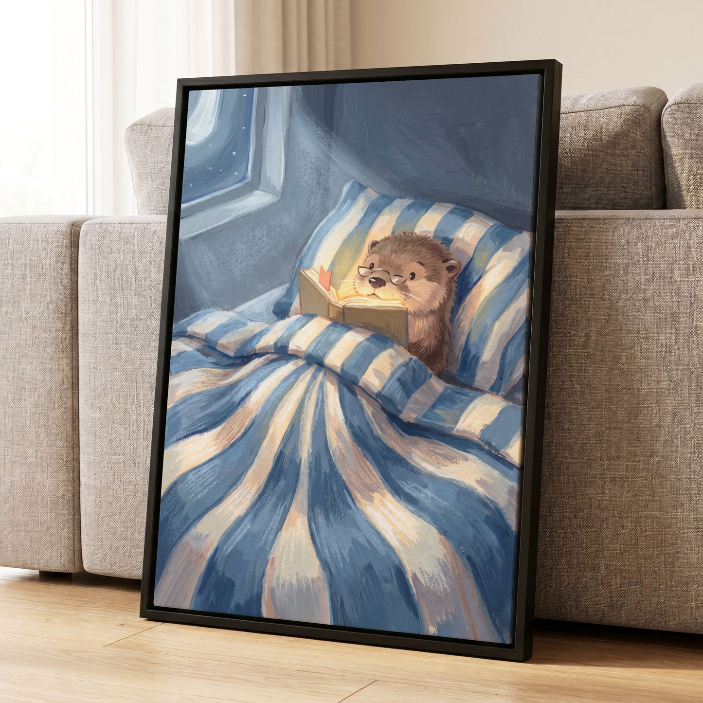 Bedtime for Bookish Otter, blue, beige, brown nature wall art displayed in a styled interior, gallery view 4