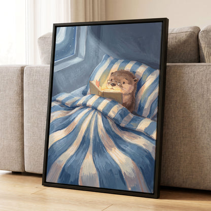 Bedtime for Bookish Otter, blue, beige, brown nature wall art displayed in a styled interior, gallery view 4