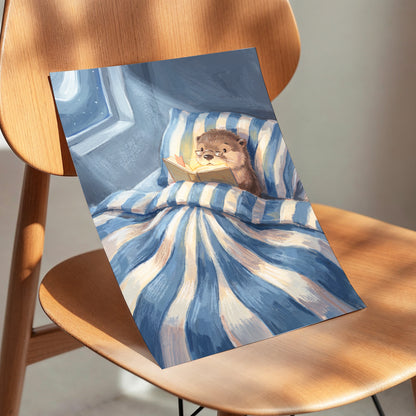 Bedtime for Bookish Otter, blue, beige, brown nature wall art displayed in a styled interior, gallery view 5