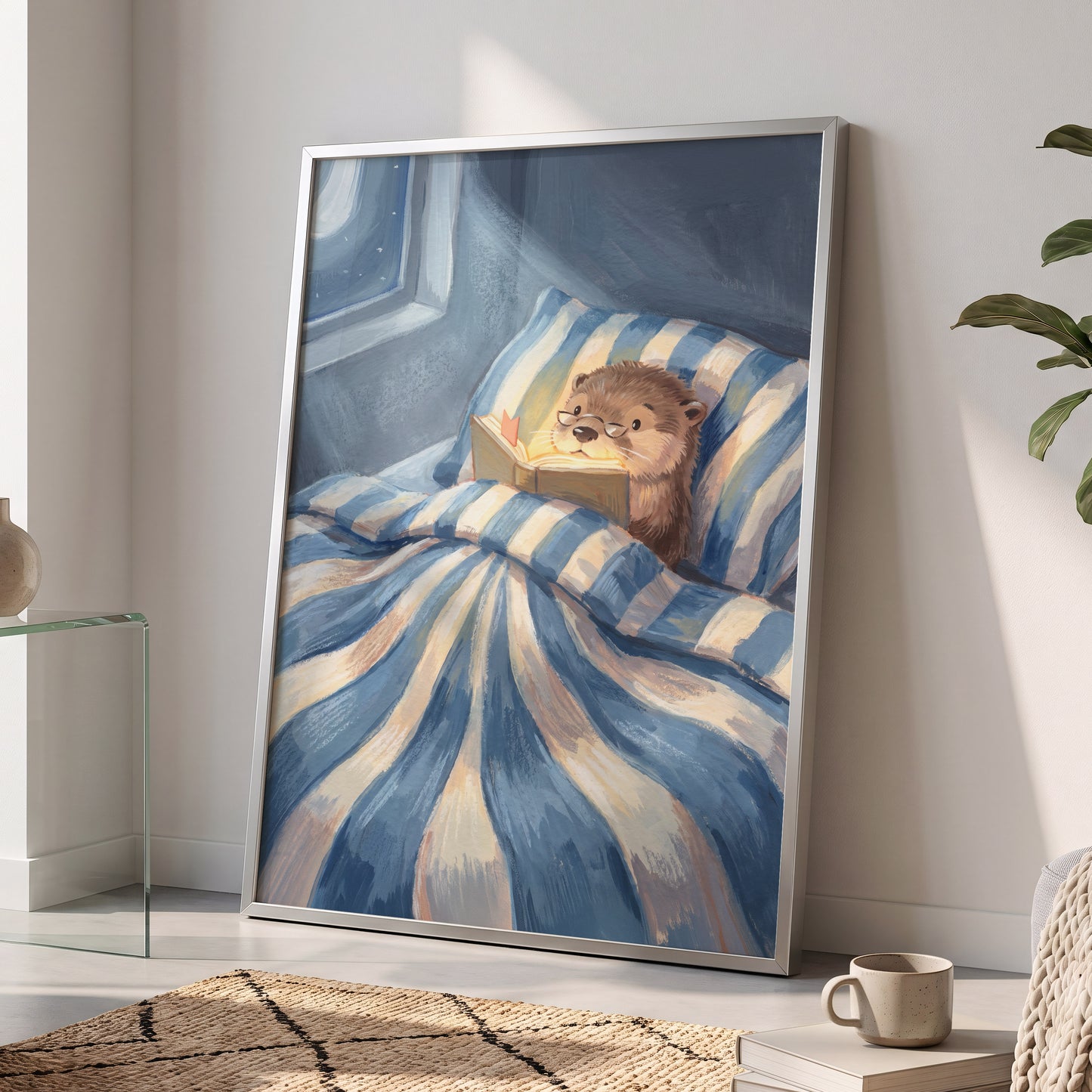 Bedtime for Bookish Otter, blue, beige, brown nature wall art displayed in a styled interior, gallery view 6