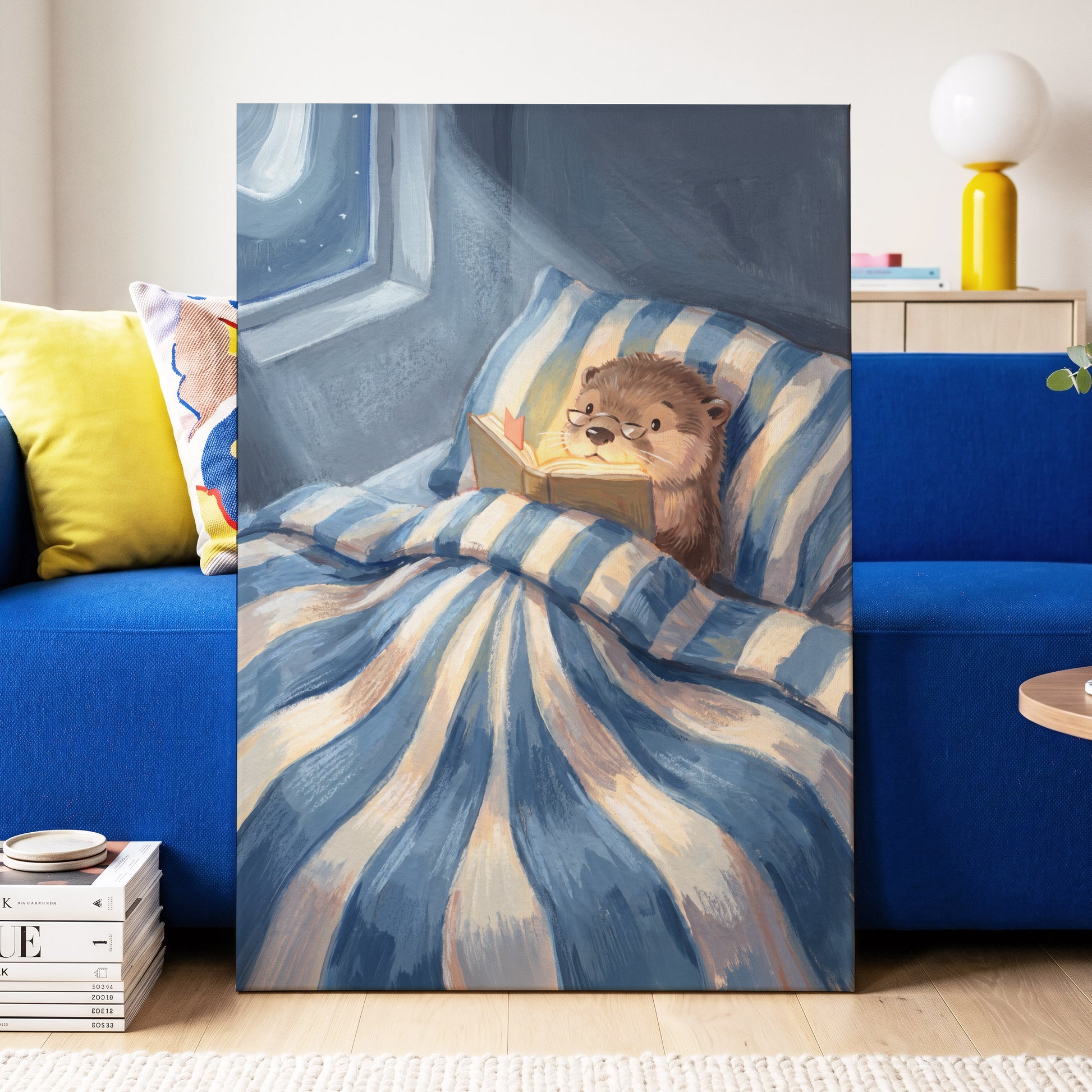 Bedtime for Bookish Otter, blue, beige, brown nature wall art displayed in a styled interior, gallery view 7