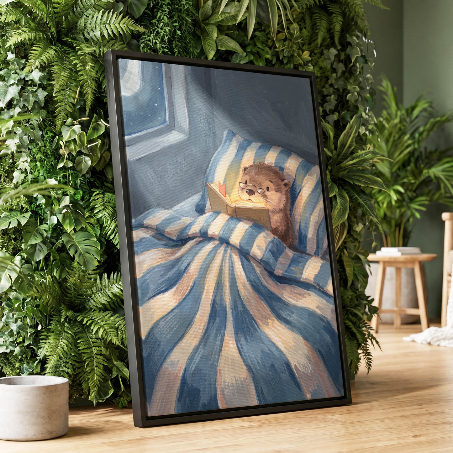 Bedtime for Bookish Otter, blue, beige, brown nature wall art displayed in a styled interior, gallery view 8