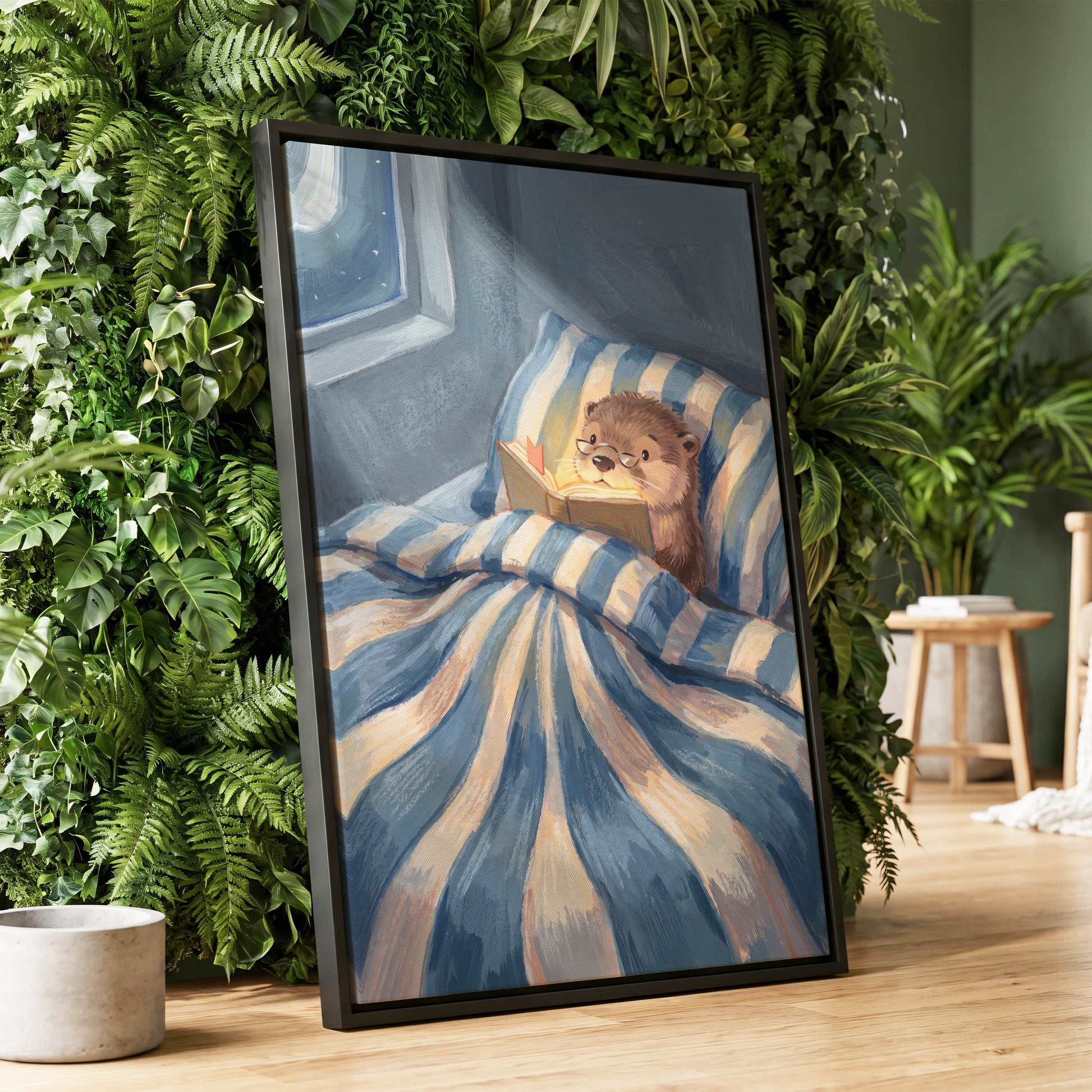 Bedtime for Bookish Otter, blue, beige, brown nature wall art displayed in a styled interior, gallery view 8