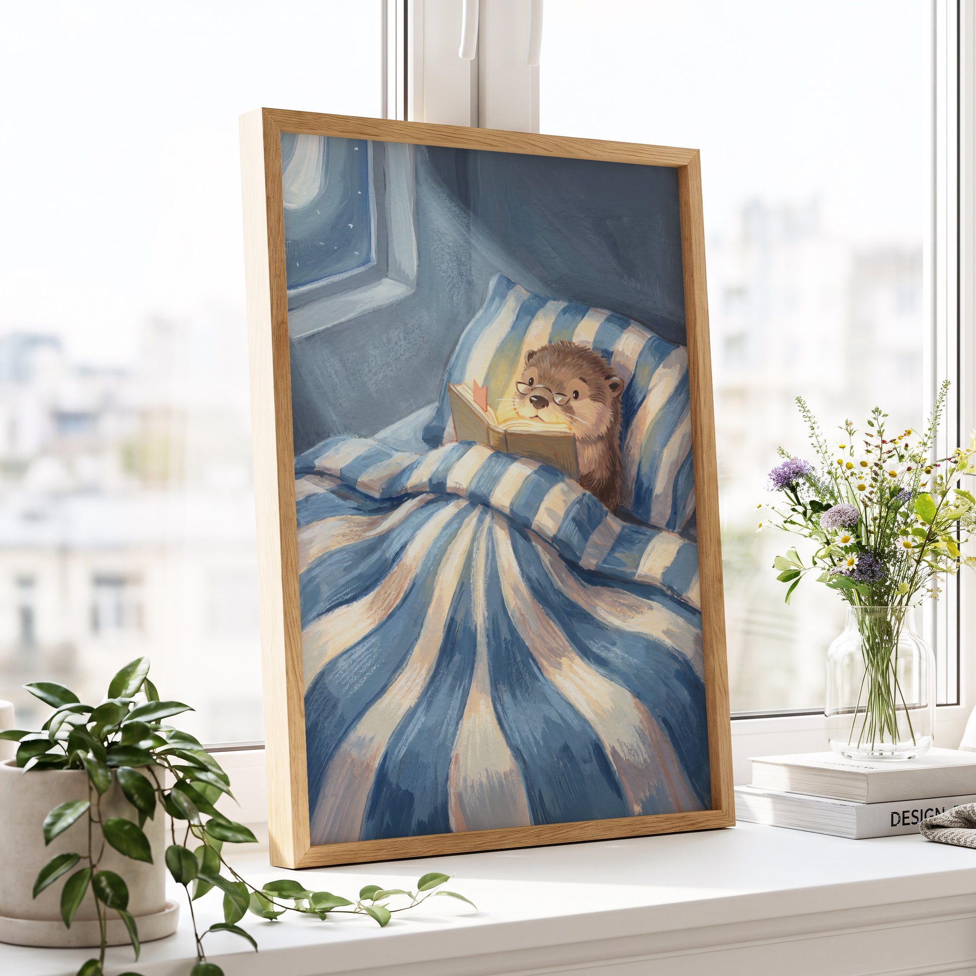 Bedtime for Bookish Otter, blue, beige, brown nature wall art displayed in a styled interior, gallery view 9