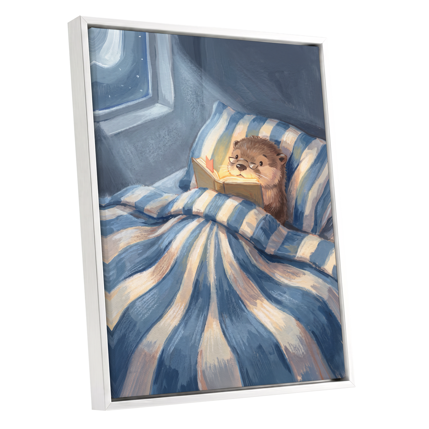 Bedtime for Bookish Otter, blue, beige, brown nature wall art shown as a white framed canvas wall art