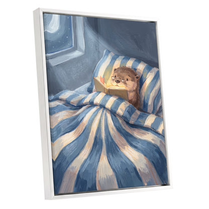 Bedtime for Bookish Otter, blue, beige, brown nature wall art shown as a white framed canvas wall art